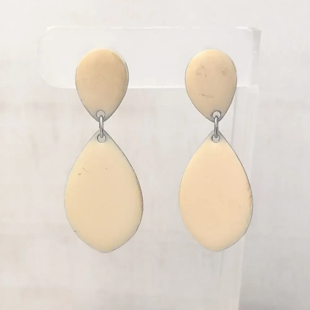 Vintage Napier Clip On Earrings Large Drop Dangle Cream Enamel - Fair Condition